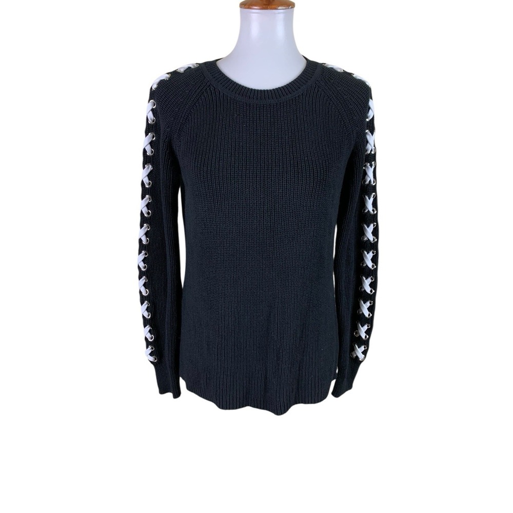 525‎ America Black Lace Up Sleeve Chunky Knit Sweater Preppy Goth Coquette S